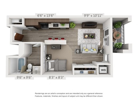 Floor plan for studio, 1 bath, 543 sqft